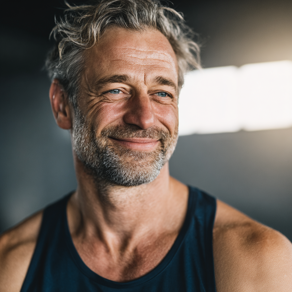 Egészséges magyar férfi 50-es éveiben, mosolyogva a konyhában, friss zöldségekkel