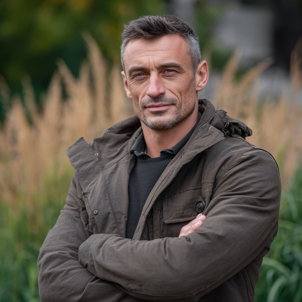 Magabiztos, 45 éves magyar férfi természetes környezetben, egészséges életstílust sugárzó testtartással